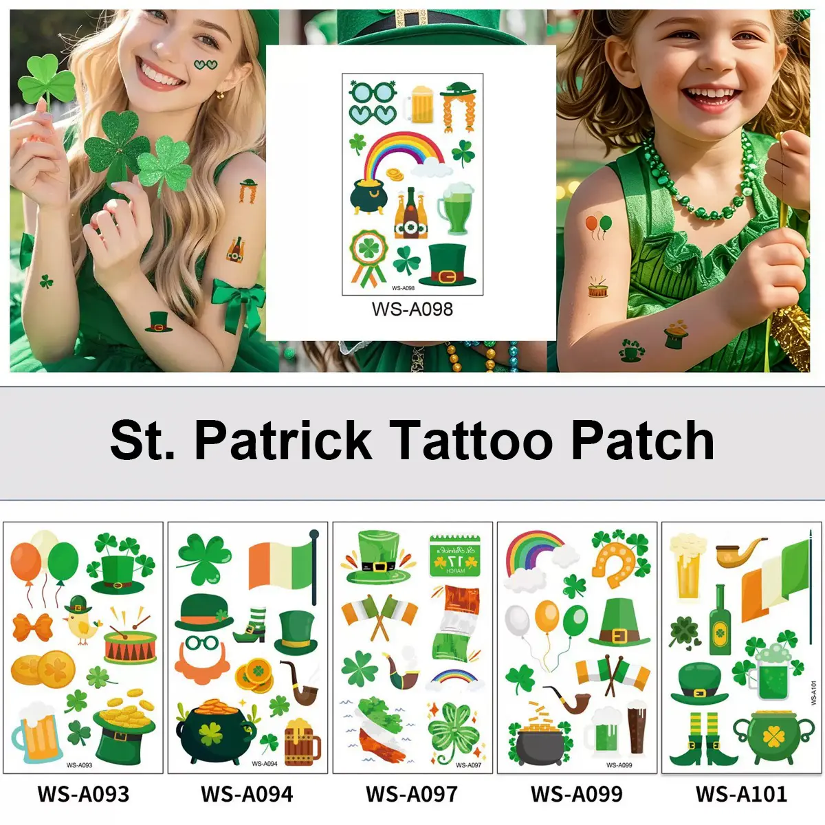 St. Patrick's Day Green Clover Temporary Tattoo Stickers, Shamrock Horseshoe Rainbow Beer Mug Design Fake Face Tattoos for Kids Adults Irish Holiday Party Decor Waterproof