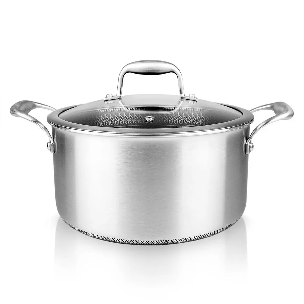 NutriChef 5 Qt Round Induction Nonstick Cookware Pot - Triply Stainless Steel-Aluminium, Glass Lid, Scratch-Resistant Honeycomb Fire Texture, 500°F Oven Safe, PFOA/PFOS-Free, Dishwasher Safe, Thermal Even Heat Distribution, Home Use Kitchen Essential, Coo