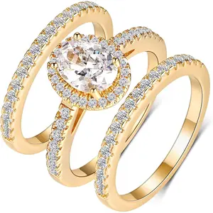 GEMSME 1.5CT Three in One Round/Oval/Eye/Teardrop Halo Wedding Bands Set Engagement Rings Cubic Zirconia Promise Eternity Band for Women Size 5-10 R-1013