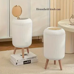 Large capacity flip top garbage bin - high-end cylindrical design, sturdy bracket, off white/white, durable plastic material, suitable for kitchen, living room, office - no touch closure, space saving floor standing garbage bin, Home Trash Can