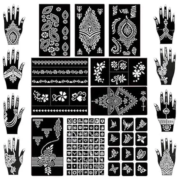 Henna Tattoo Stencil Kit 18 Sheets 97 PCS Glitter Airbrush Flower Stencils for Body Art Face Painting Mehndi Designs Arabian Realistic Temporary Tattoos for Women Girls Premium Quality PVC Material Easy to Use Portable Compact