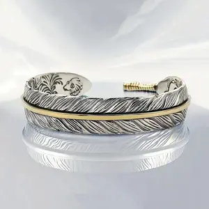 Unisex Feather Motif Silver-Plated Wide Adjustable Cuff Bangle, Vintage Textured Nature-Inspired Bracelet, Trendy Fashionable Accessories, Men’s Classic Retro Daily Jewelry & Gifts, Men's Accessories