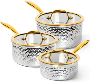 Michelangelo Triply Stainless Steel Saucepan Set, Luxury Hammered Stainless Steel Sauce Pans with Golden Handle, Premium Sauce Pot Set, Induction Compatible Cookware Stylish