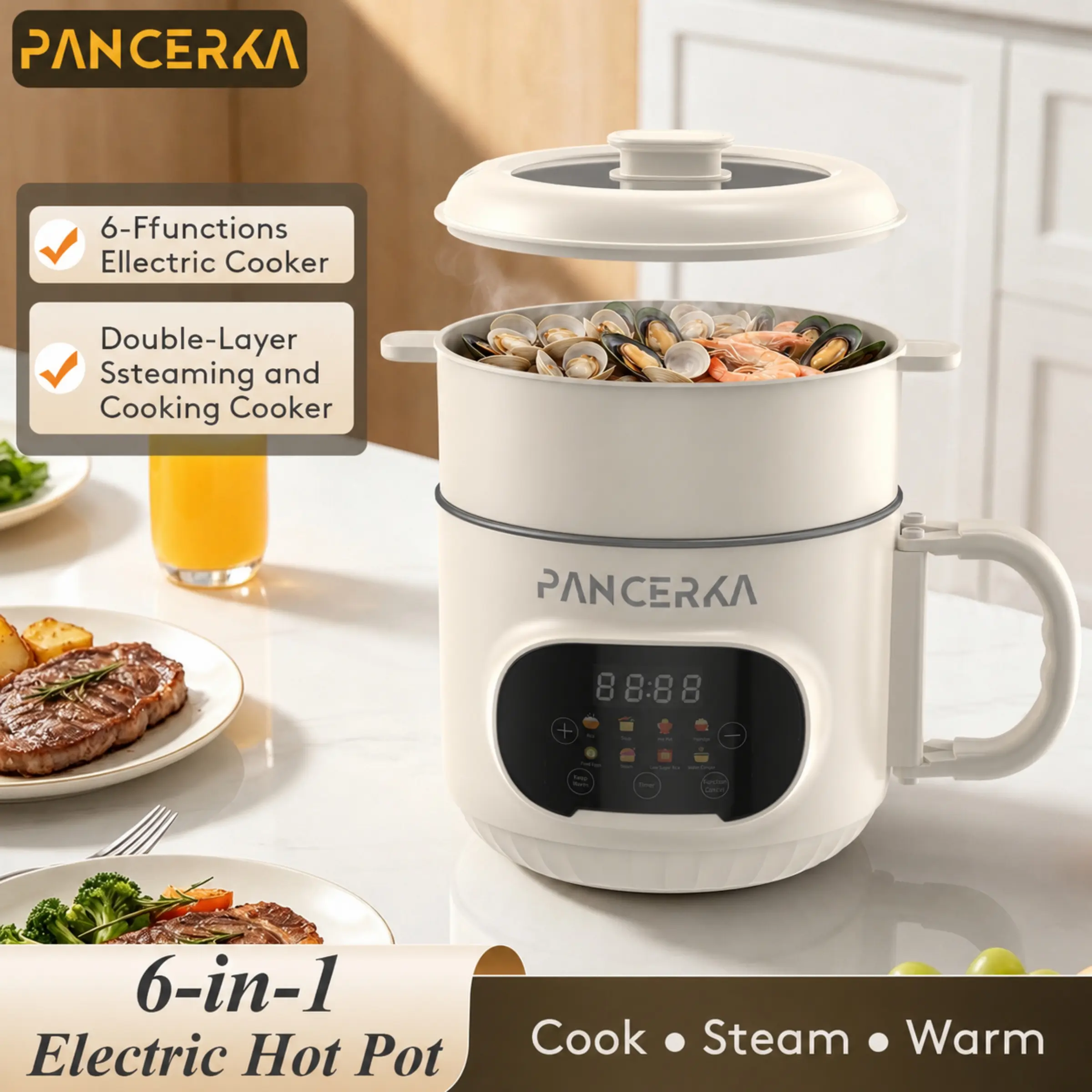 PANCERKA Electric Hot Pot with Steamer Basket, 1.6L Nonstick Multi-Cooker, Foldable Handle, 24H Delay Timer, Perfect for Ramen, Pasta, Soup and Steaming
