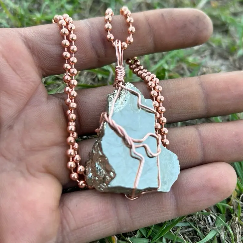 Unisex Handmade Peruvian Pyrite Pendant Necklace Chain - Pure Copper, Male Chain & Link Daily Statement Piece for Abundance Attraction