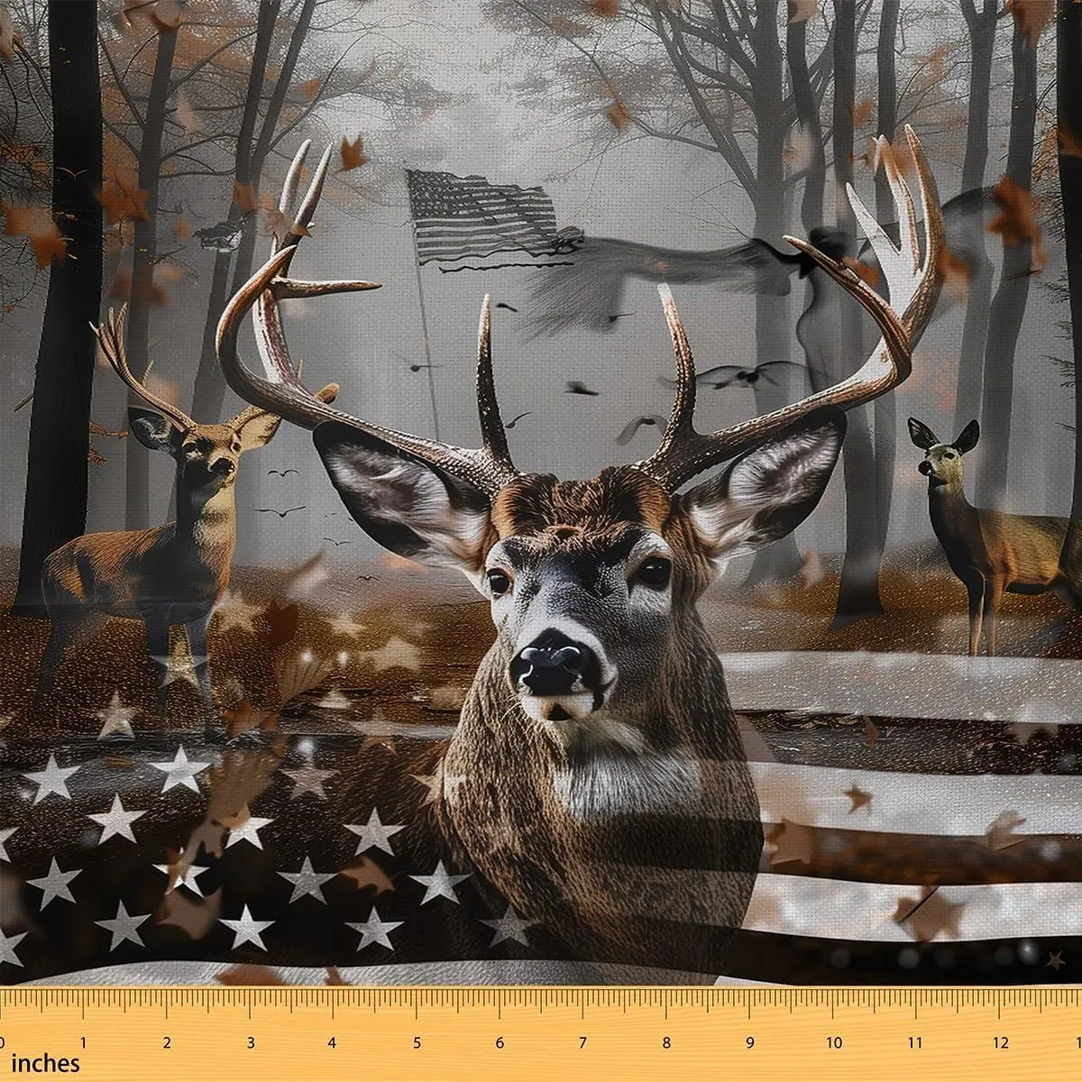 Deer Flannel Fabric,Cute Moose Upholstery Fabric,Adult American Flag Indoor Not Stretchy Decor,Wild Animal Wildlife Decor,Vintage Cabin Lodge Quilt Flannel Fabric
