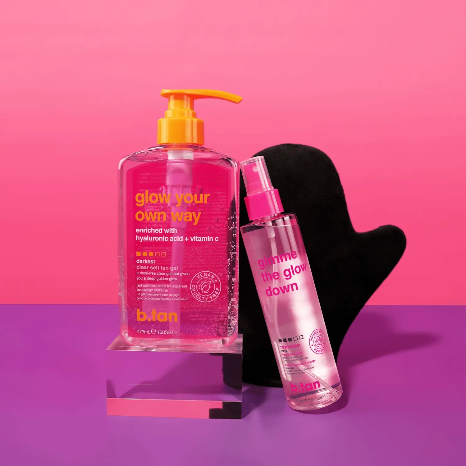 Glow Your Own Way + Mist Bundle | b.tan Best Clear Self Tan Gel & Face Spray Kit | Dark, 1 Hour Express, Transfer-Resistant Fake Tanner Gel with Face Tanning Mist, Velvety Applicator Tanning Mitt Body Care Flawless
