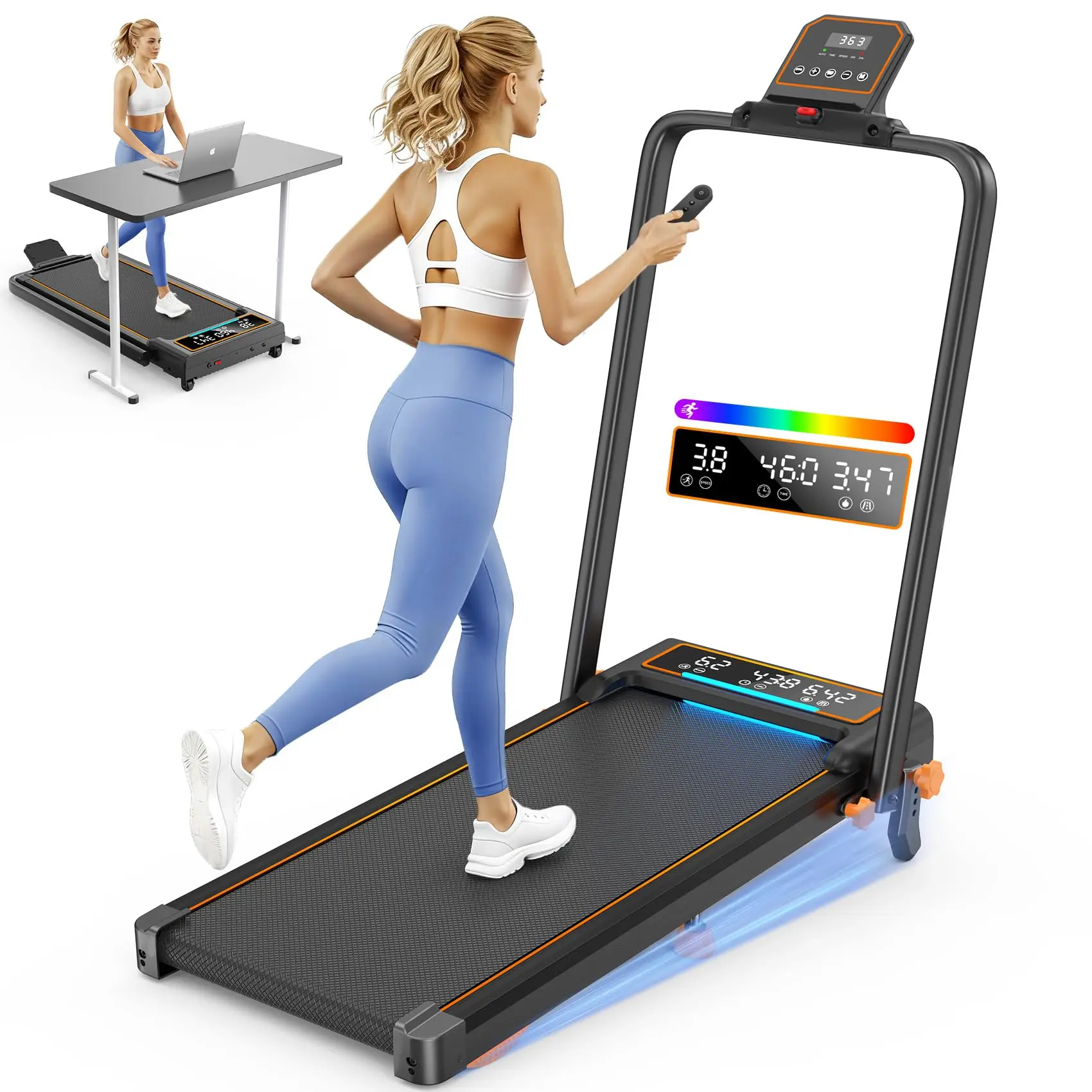 B30 Folding Walking Pad with 15% Incline/RGB Light/Dual Screen Display, 3.5HP Treadmills for Home, Portable Walking Pad Treadmill with Handle Bar and 4 Adjustable Incline, 350lbs Capacity, Smart App