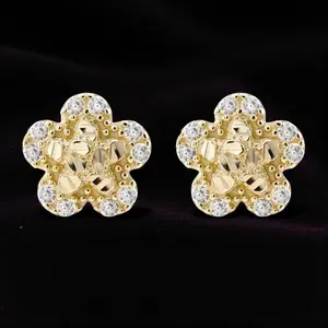 MaxBling81 14K Gold-Plated Brass Gold Nugget 5-Leaf Clover Earrings, 12mm x 12mm Cubic Zirconia Studs, Unisex Nugget Earrings for Men & Women Unisex Jewelry