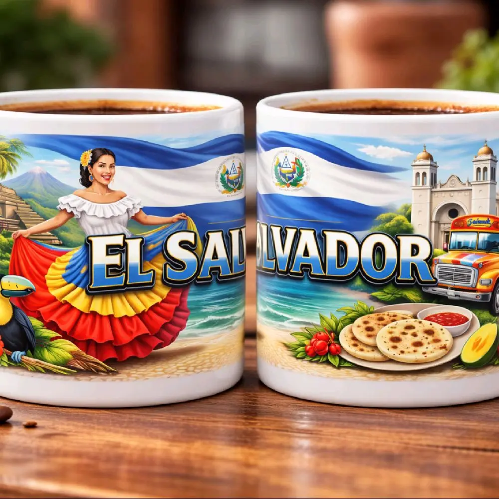 El Salvador Coffee Mug 11oz Salvadoran Cultural Ceramic Cup with Flag Design and Traditional Elements