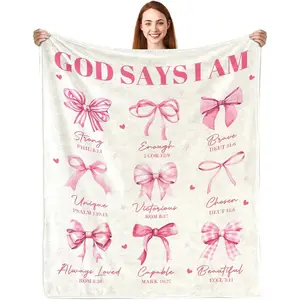 Women's Christian Flannel Throw Blanket - "God Says I Am" Bible Verse, Blush Pink Bow Decorative Blanket, Inspirational Religious Gift for Birthdays, Christmas, Bow Decorative Blankets