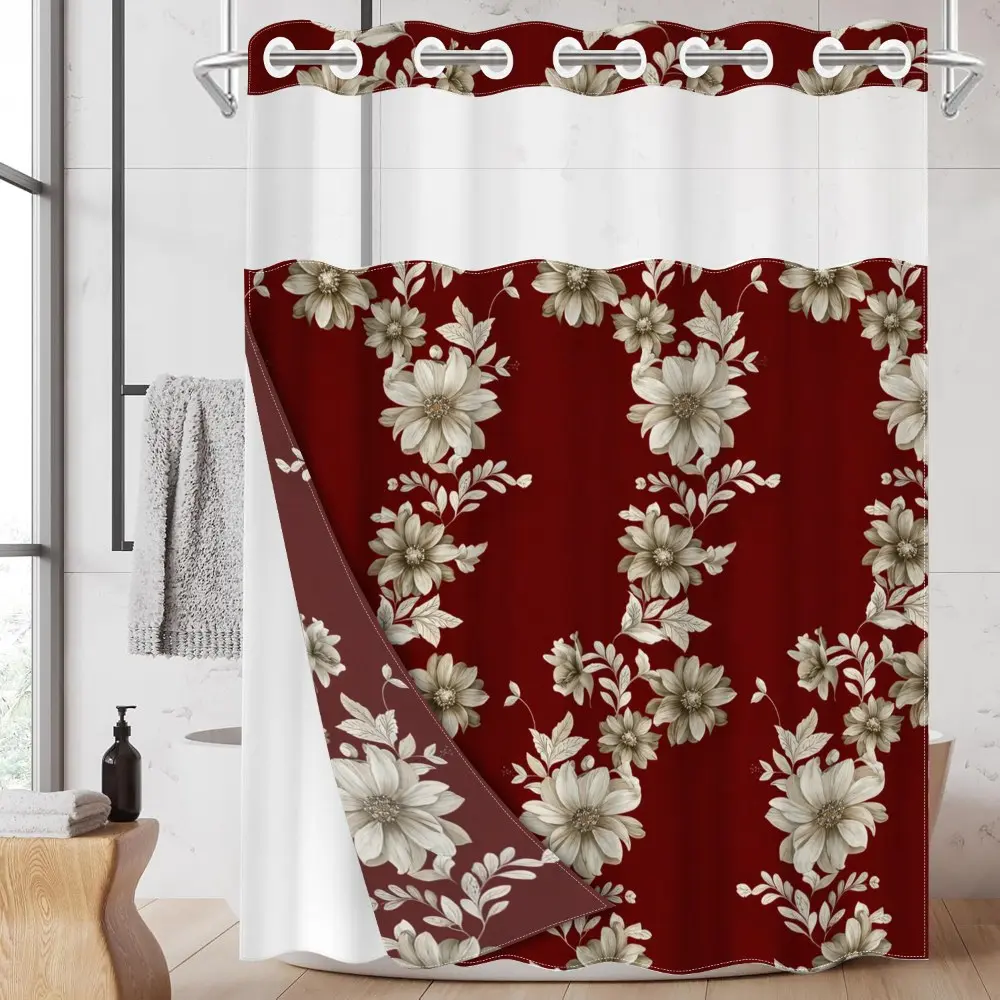 1pc hookless flower shower curtain with buckle lining, spring red and white floral pattern design, 2D flat printing, waterproof fabric lining, see-through double-layer shower curtain, Pretty shower curtain, 71 x 74 inches