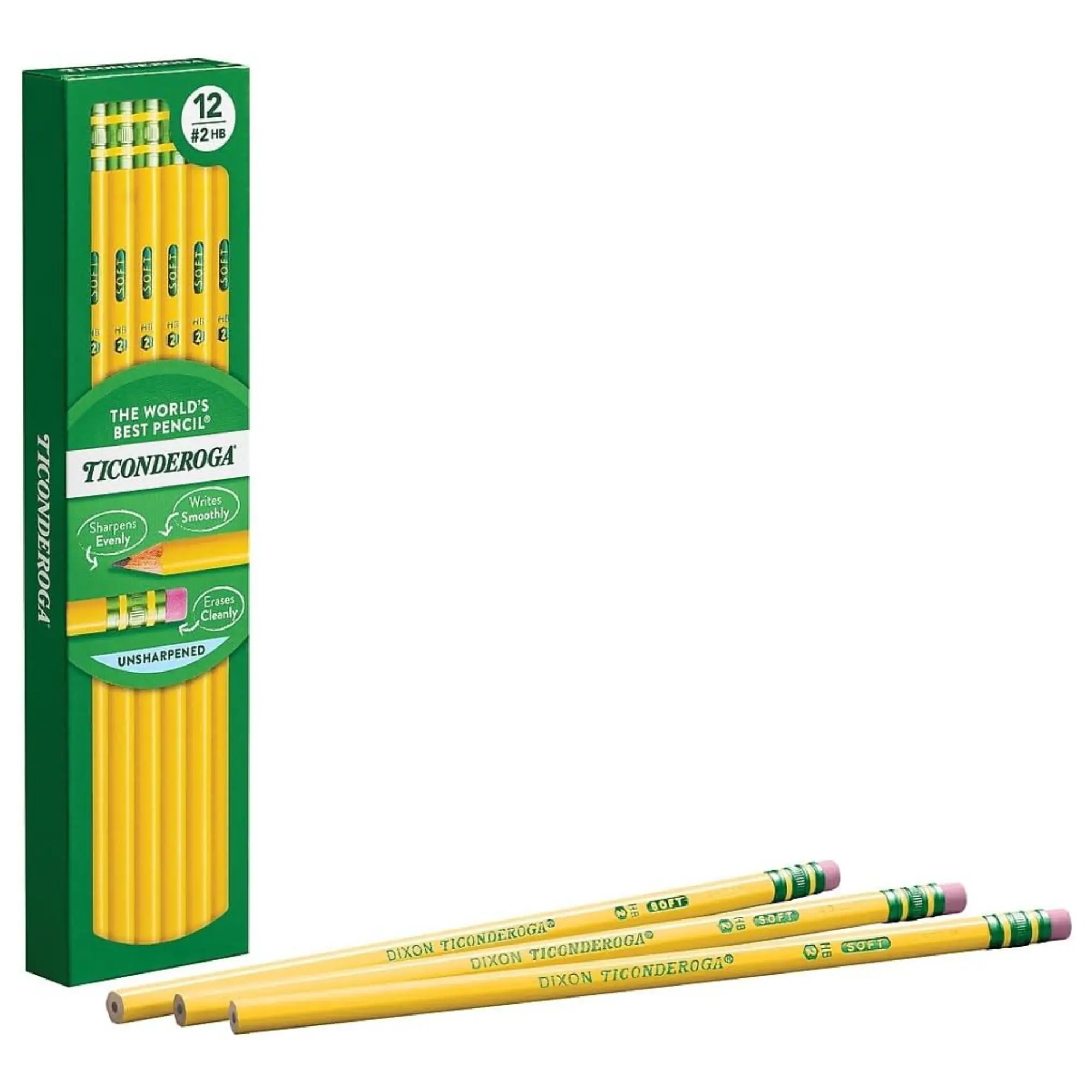 Ticonderoga Wood-Cased Pencils, Unsharpened, 2 HB Soft, Yellow, 12 Count