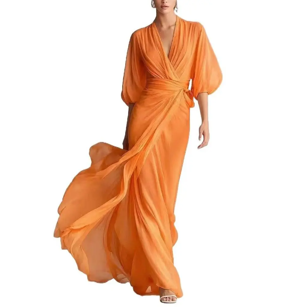 2026 Ladies New Model Deep V Neck Raglan Sleeve Waist Long Dress