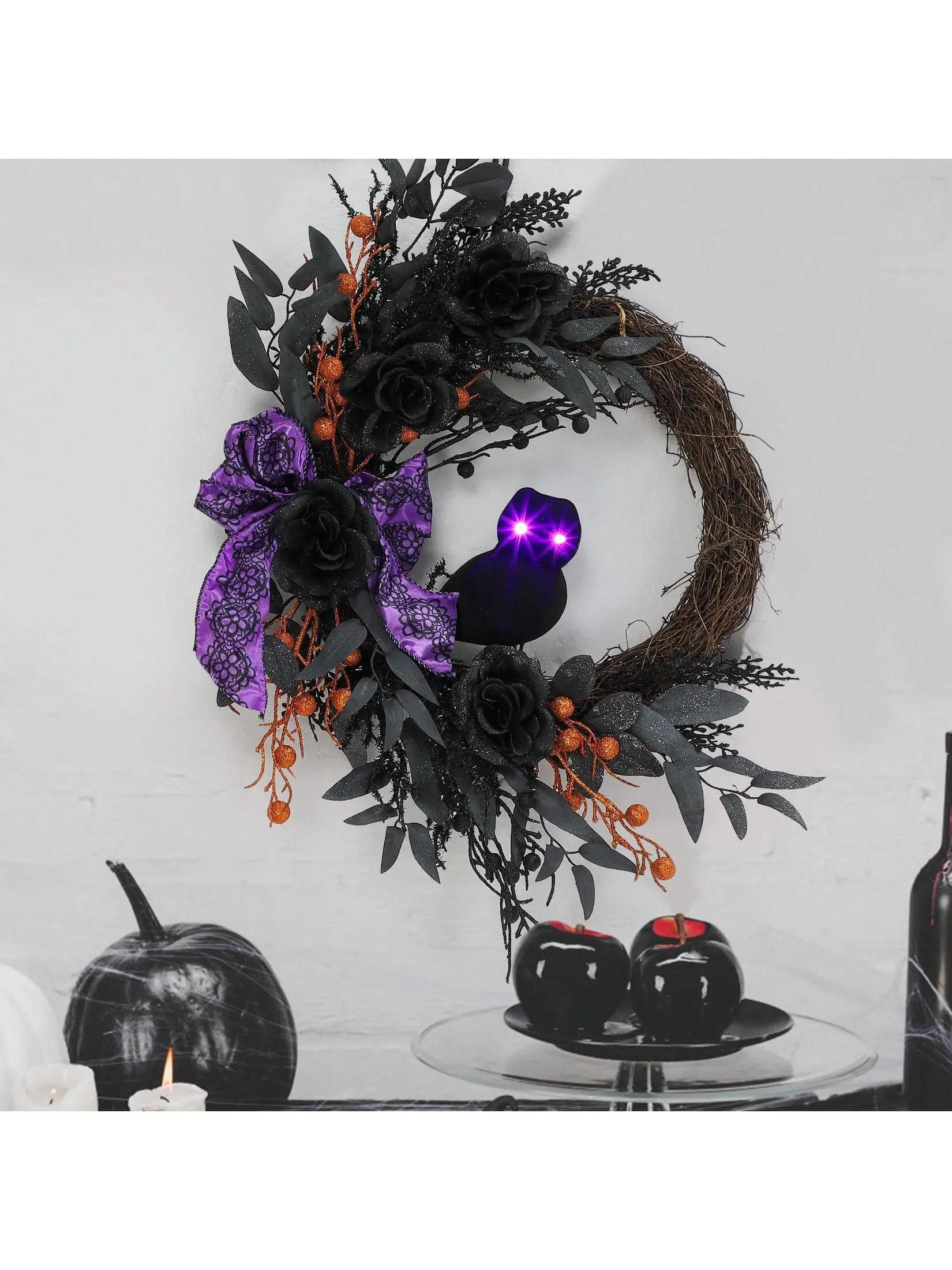 Gaomon 22-Inch Halloween Decorations Wreath - Prelit Eyes, Artificial Roses, Willow Leaves, Ribbon, Black Owl Motif, Outdoor/Indoor Front Door Ornaments