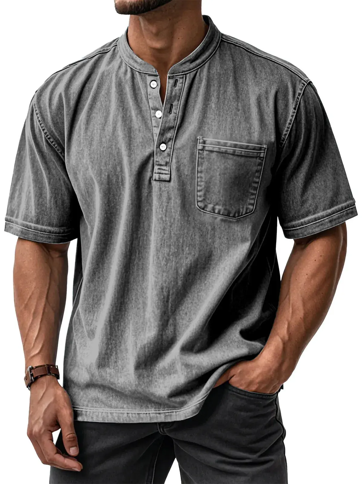 Menswear Men's Summer Washed Distressed Henley-Collar Short-Sleeve Polo Shirt, 3-Button Placket, Pockets, Loose Fit - Ideal for Commuting, Streetwear Casual Fashion Small Stylish Tops Vibe