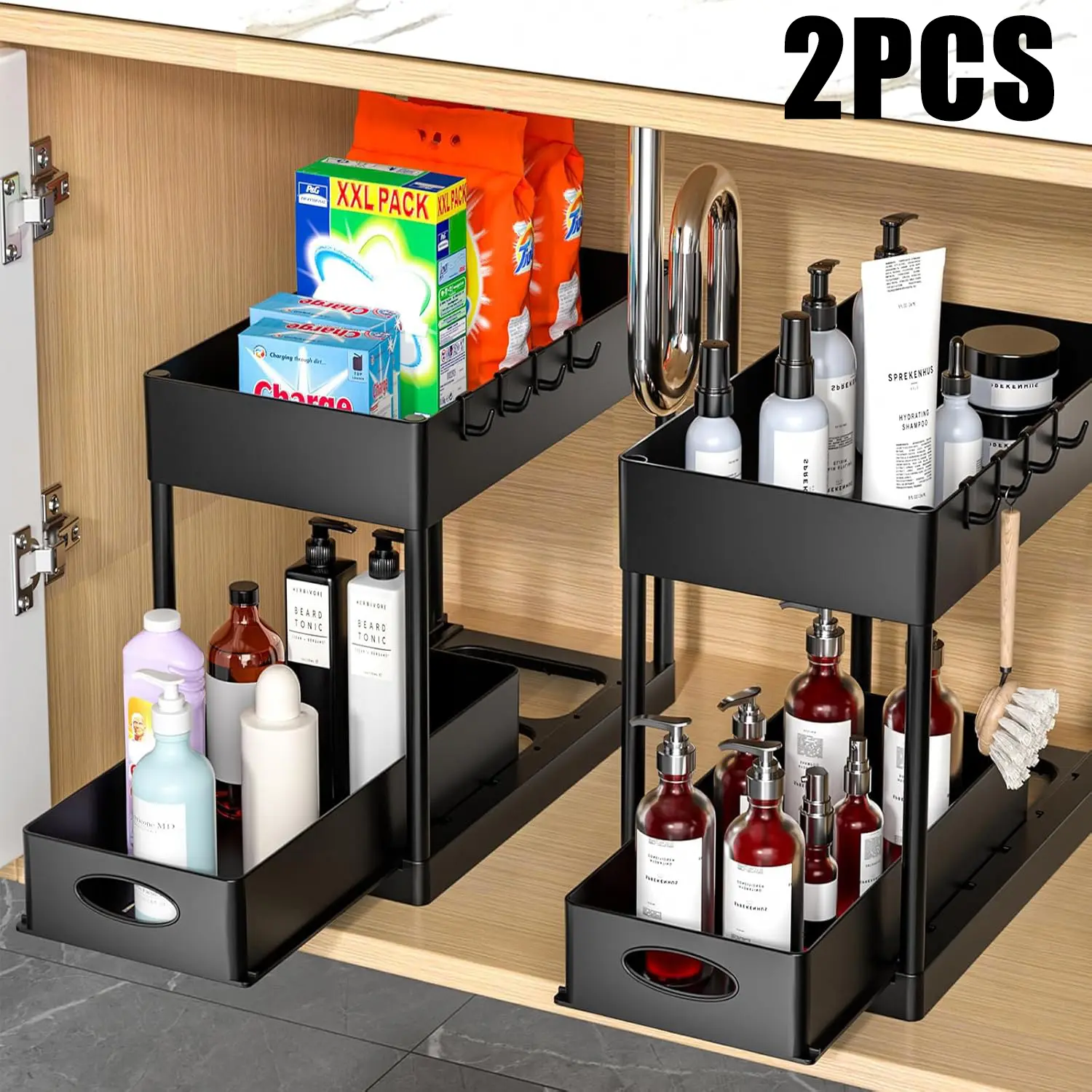 2-Piece Double-Layer Pull-Out Cabinet Storage Rack, Multi-Functional Kitchen Accessory for Efficient Storage, Organizes Sink, Countertop, and Bath, Sink-Side Tidy with Pull-Out Drawer (White Option Available)