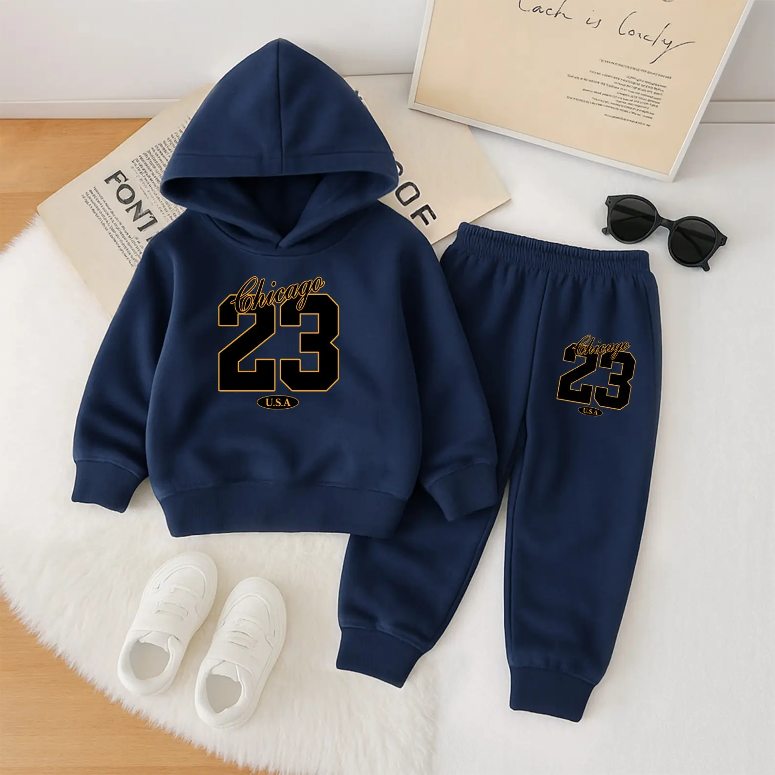 Kids' Sports Clothing Set, 2-Piece Thick Fleece-Lined Tracksuit Sweat Suits, Unisex Number Print Hoodie and Pants, Warm Gym Athletic Clothes, Long Sleeve, Gym Casual Wear, Soft Tracksuit, Fitted, Kids Clothing Girls, Cohesive Set, Indoor/Outdoor, Matching