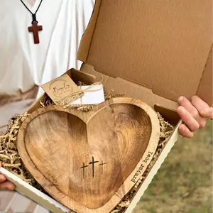 Handcrafted Vintage Prayer Bowl, Wooden Heart Shaped Prayer Bowl with 24 Prayer Cards, Cross & Letter Pattern, Religious Decorations Dough Bowls, Home Decor, Christian Gifts for Women, Church Ornaments, New Year's Day Valentine's Day & Easter Sunday Gifts