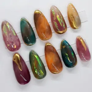 Autumn Aura Press-On Nails, Amber Orange and Forest Green Marble Mix, 3D Gold Foil Accents with Iridescent Shimmer, Handmade Gradient Nail Art, Warm Fall Vibes, Custom Nail Set, Gifts for Her