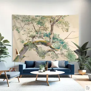 Tree wall hanging, 19th century watercolor art, Nature tapestry, Large wall decor, Photo backdrop