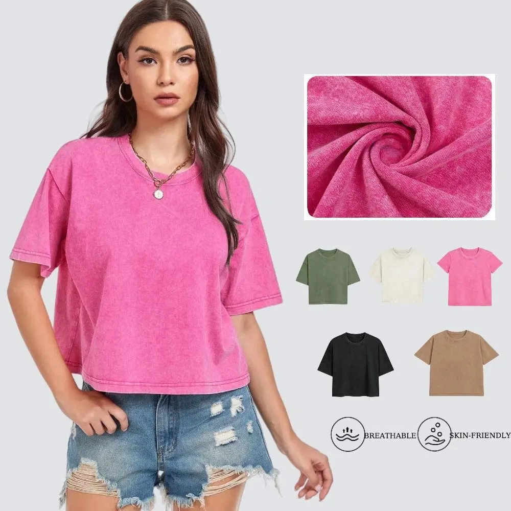 Women's Acid Wash Drop Shoulder Crop Tops, Vintage Cotton T-Shirt, Loose Fit Short Sleeve Crewneck Casual Summer Tee, Shortsleeve, Fabric, Solid, T Shirts, Workout, Everyday Tops, Basic Tee,clothes for back to school,first day of school outfits
