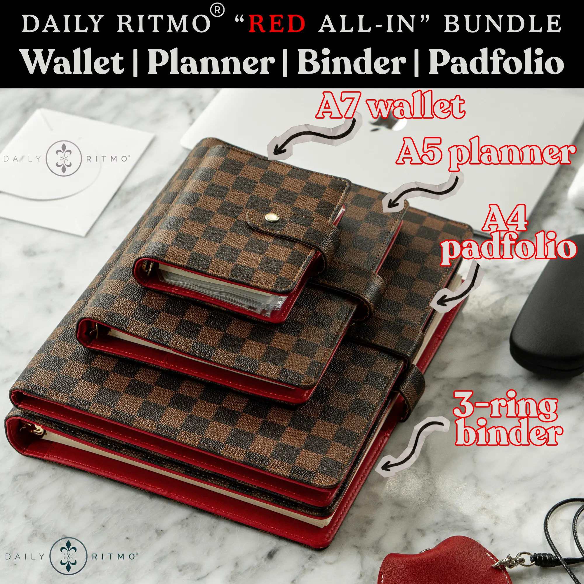 DAILY RITMO Red ALL-IN Bundle - A7 Mini Wallet, A5 Planner, 3-Ring Binder, A4 Padfolio DAILY RITMO Red ALL-IN Bundle - A7 Mini Wallet, A5 Planner, 3-Ring Binder, A4 Padfolio