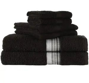 6 Piece 100% Cotton Towel Set, 2 Striped Bath , 2 Hand and 2 Washcloths,Super Soft and Highly Absorbent basic Premium Towel Set– Black
