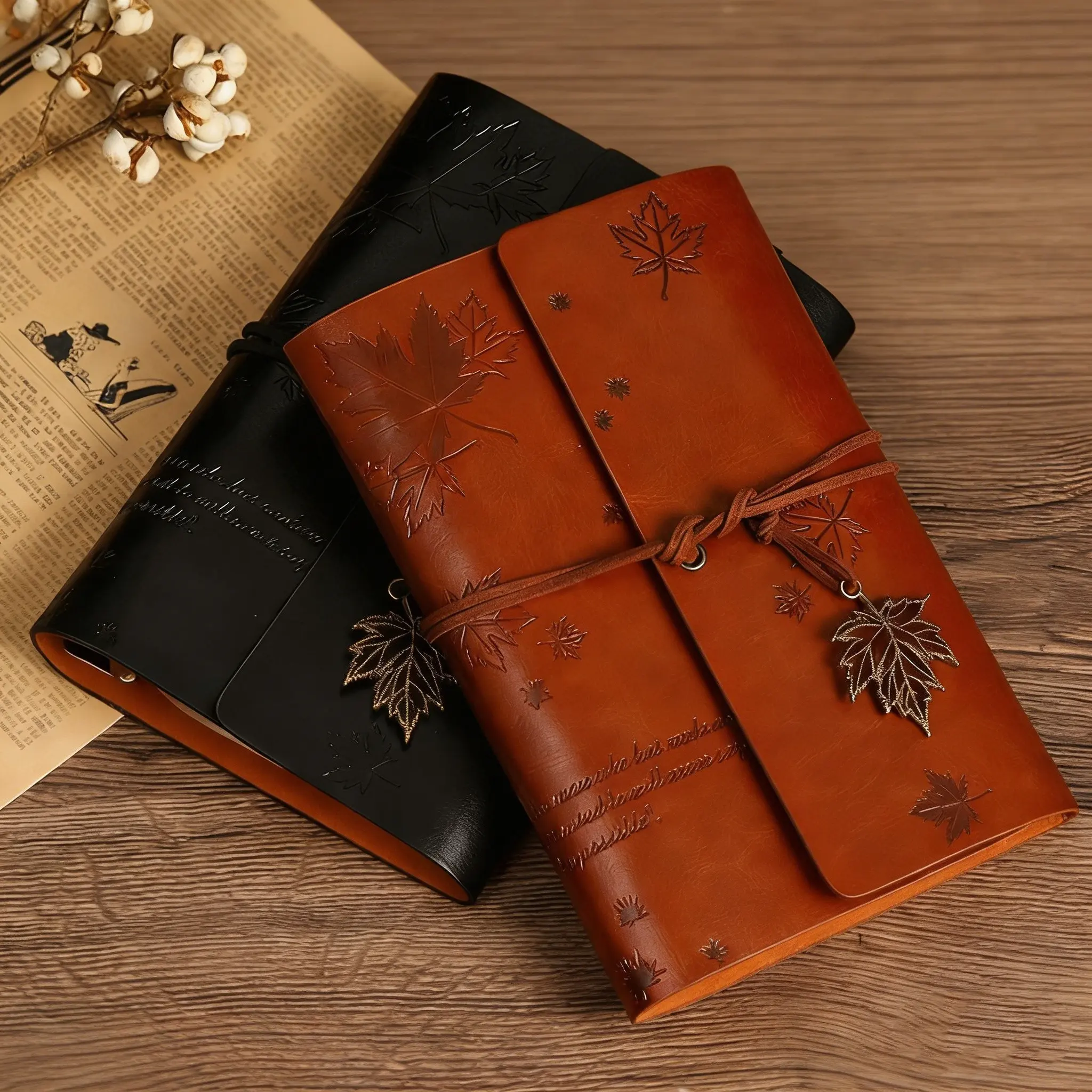 A6 Vintage European Maple Leaf Faux Leather Soft Cover Notebook, 160 Pages Cowhide Paper, 5 Money Pockets, Travel Diary Journal with Coin Pocket