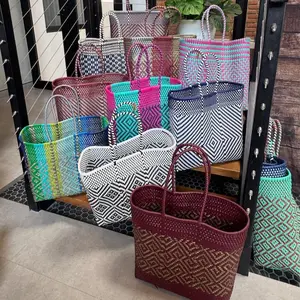 3/4 Large Mexican Tote Plastic Bag Handwoven Recycled Eco-Friendly Handmade Woven Purse Lightweight Durable Waterproof Gift for Eco-Conscious Individuals