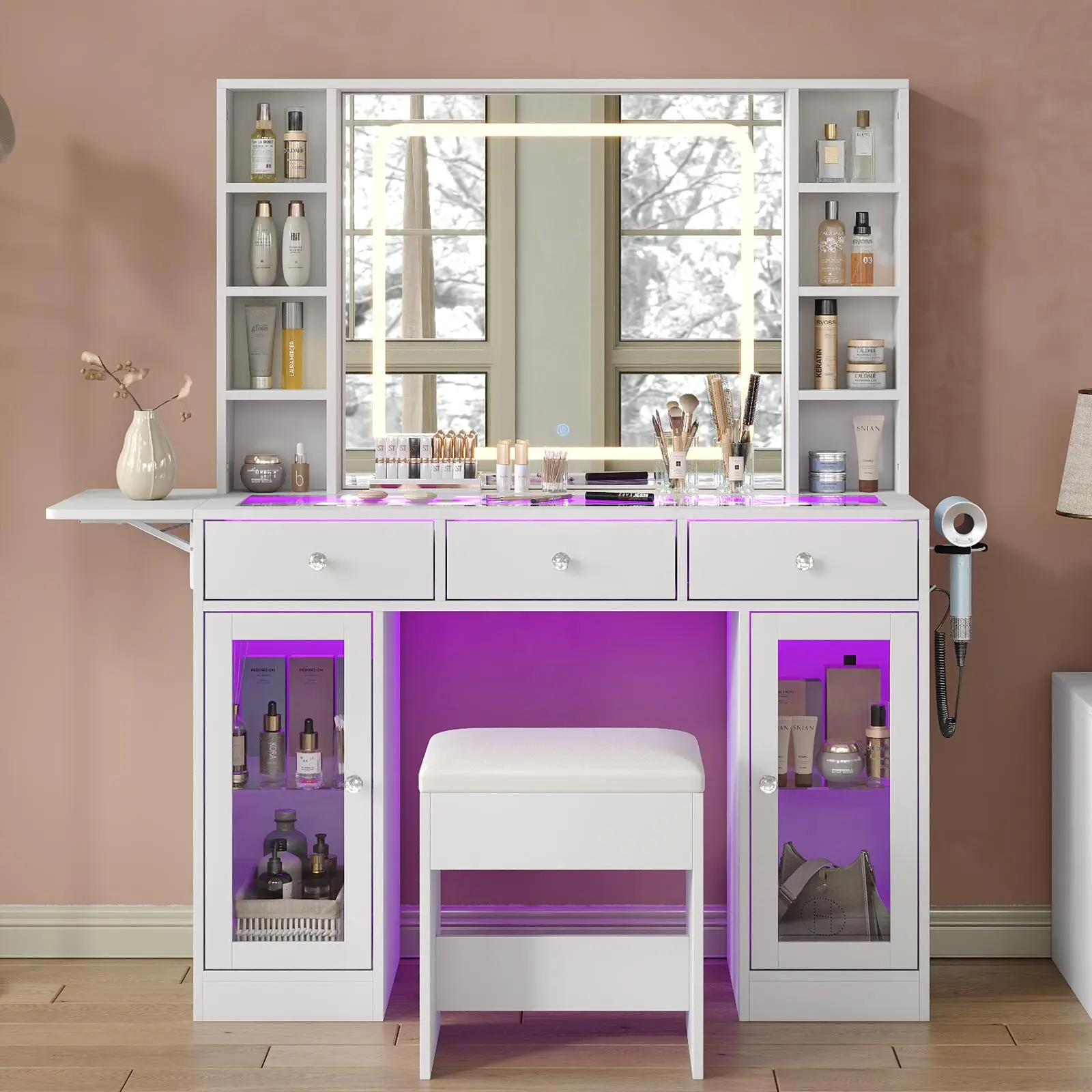 FUSOU Vanity Desk with LED Mirror, RGB Lighted Vanity Desk with Charging Station, 3 Drawers & 2 Glass Cabinets, Makeup Vanity Fold-up Panel & Glass Top, White Vanity, with Chair for Women & Girls Bedroom,Deals For You Days,dorm essentials,home decor