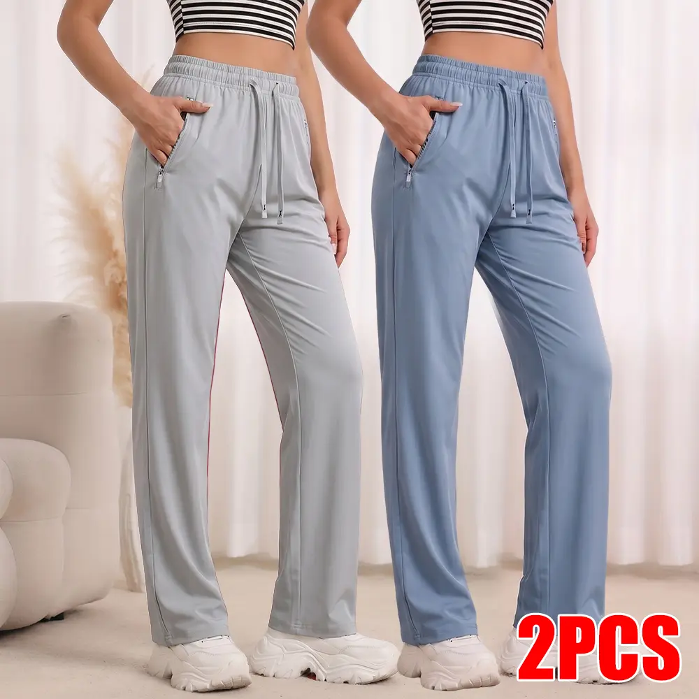 Women's 2 Pack Comfort Fit Straight Leg Pants, Elastic Waist Drawstring Pants with Zipper Pockets for Casual & Travel
