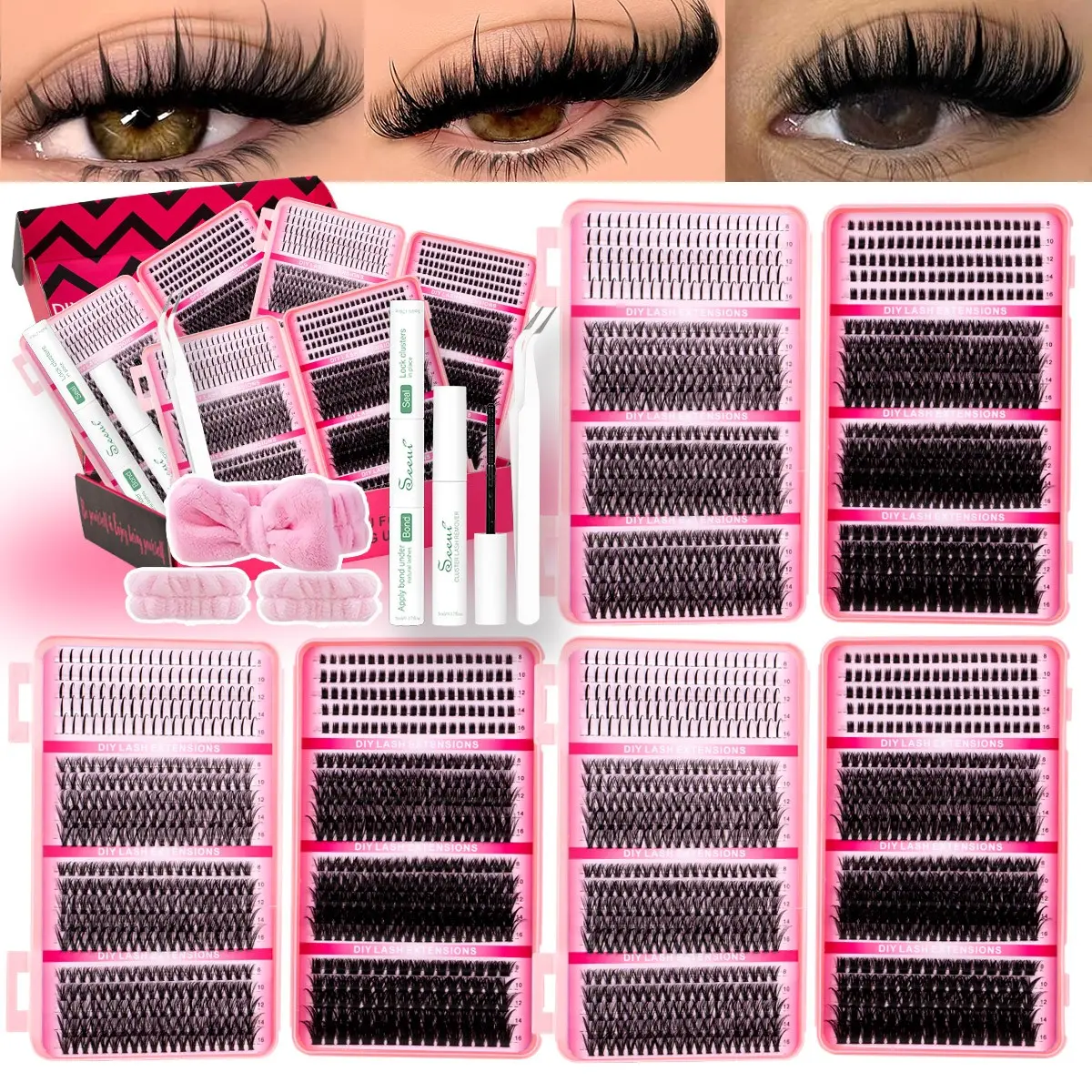 Spikes&Bottom Lash Clusters Kit, Cluster False Eyelashes, False Eyelash Cluster, Cluster Extensions, Soft Lightweight, Long Lasting 48h, Includes Bond&Seal, Remove, Eyelash Tweezers, DIY at Home, Self-Grafting Curling Lashes, for Beginners