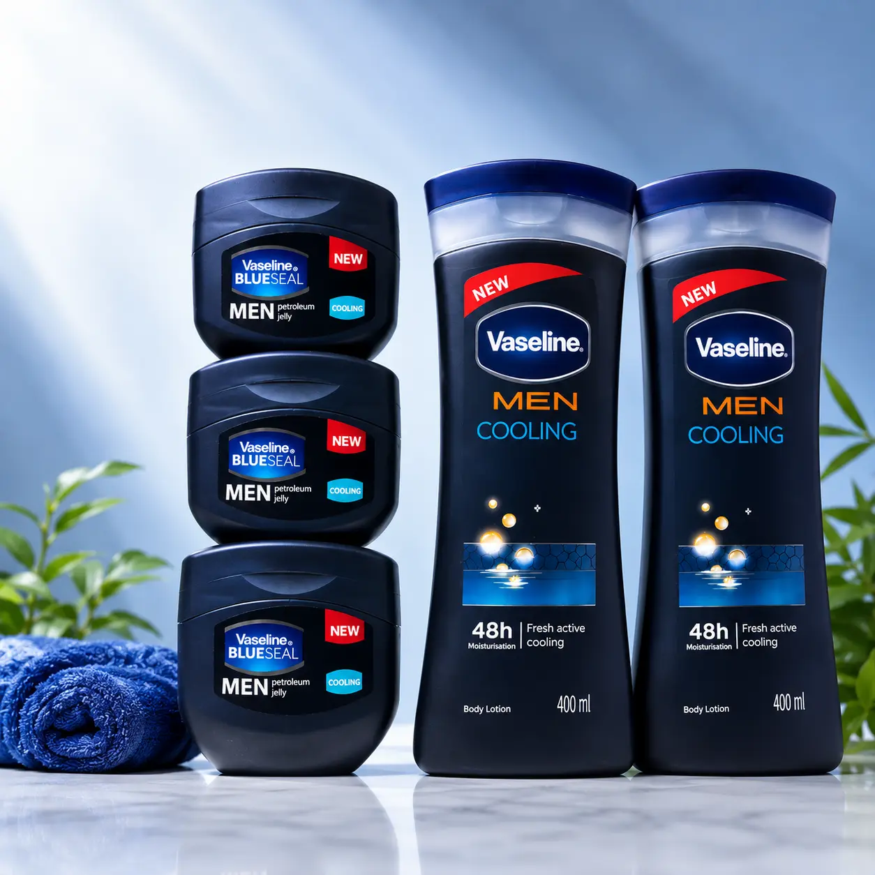Vaseline Men’s Cooling Lotion & BlueSeal Petroleum Jelly Body Care Set - 2 Packs 400ML Lotion, 3 Packs 100ML Jelly, Soothing Skin Repair