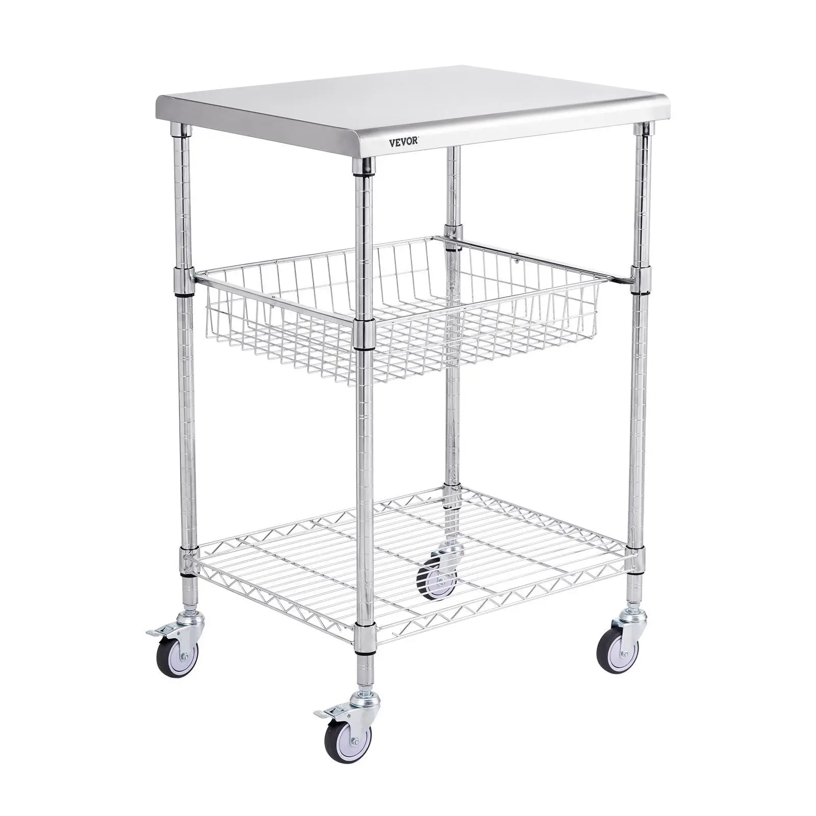 【SummerFinds】VEVOR Kitchen Utility Cart,  3 Tiers, Wire Rolling Cart with 470LBS Capacity, Steel Service Cart on Wheels, Metal Storage Trolley with 76mm Basket Curved Handle PP Liner 6 Hooks, for Indoor and Outdoor Organiser Racks