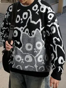 Autumn Winter Cat Pattern Jacquard Knitted Knitwear Sweater, Casual Vintage Loose Long Sleeve Pullover, Round Neck Top for Women & Men