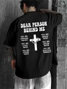 Black Graphic T-Shirt for Men| Bold "DEAR PERSON BEHIND ME" Design with Inspirational Bible Verses, Unique Cross and Crown of Thorns Motif, Relaxed Fit for All Day Comfort, Perfect for Casual Wear, Crew Neck, Regular Sleeve, Flared Hem