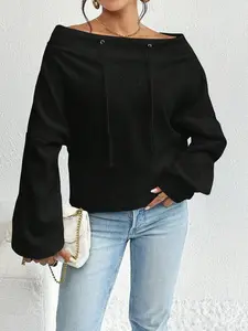 Women's One Shoulder Batwing Sleeve Top, Loose Casual Drawstring Adjustable Design Long Sleeve Sweatshirt, Stylish and Comfortable Fashion