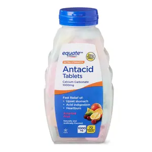 Equate Ultra Strength Antacid Chewable Fruit Tablets 1000 mg, 72 Ct, Ideal for Digestion and Relief of Upset Stomach
