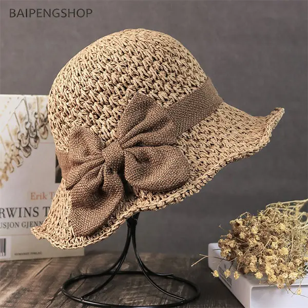 Women's Wide-Brimmed Retro Woven Straw Hat, French-Style with Ruffled Bow, Soft Breathable Lightweight Foldable Beach Cap for Outdoor Travel, Elegant Daily Headwear Fashion Gift, Wide-Brimmed Straw Hats