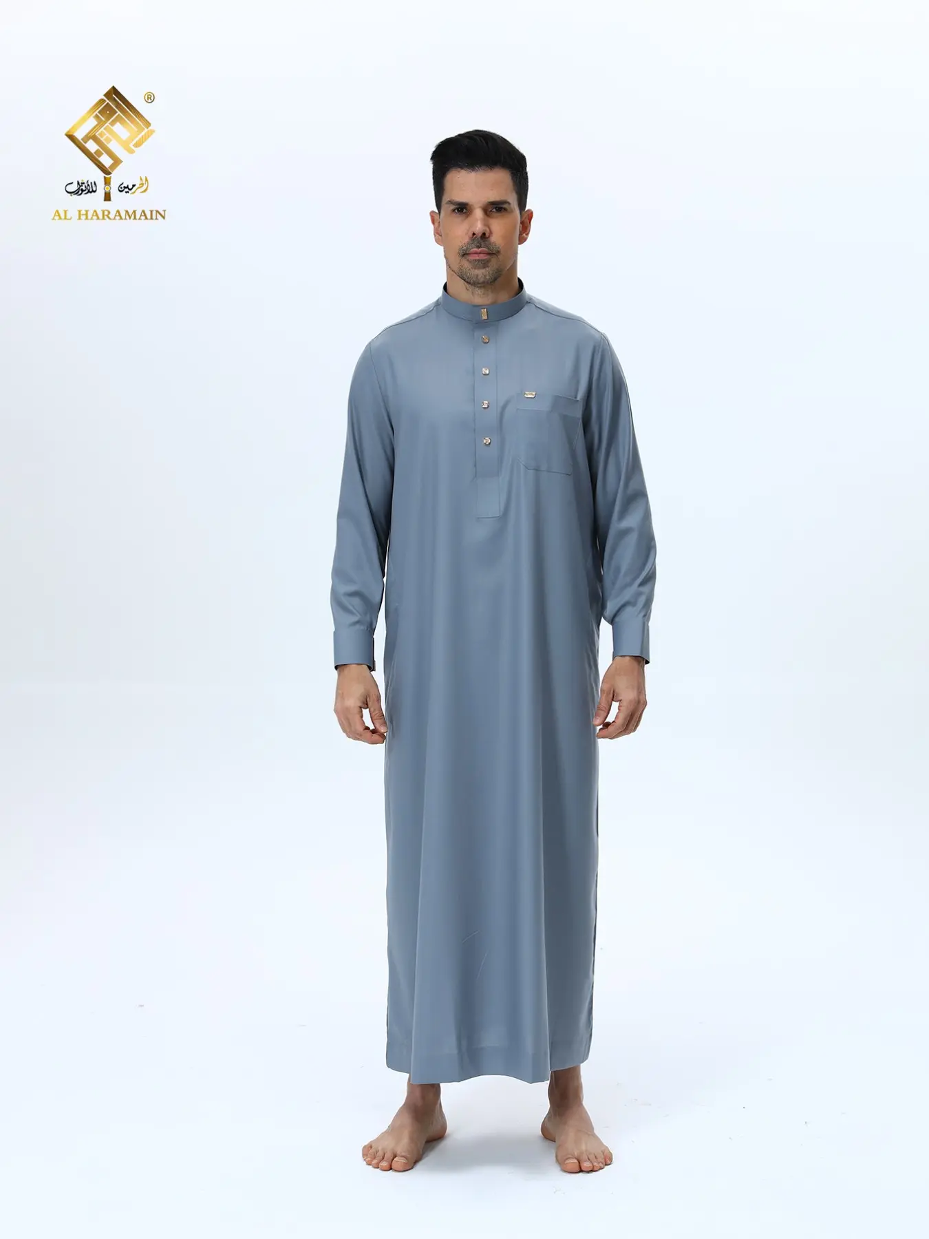 Men's Fashionable Stand Collar Authentic Saudi Thobe Jubbah, Loose Fit Muslim Prayer Clothing, Traditional Arabic Robe, Breathable High-Quality Fabric, Metal Button Decor, Islamic Thobe, Collared Style Thobe