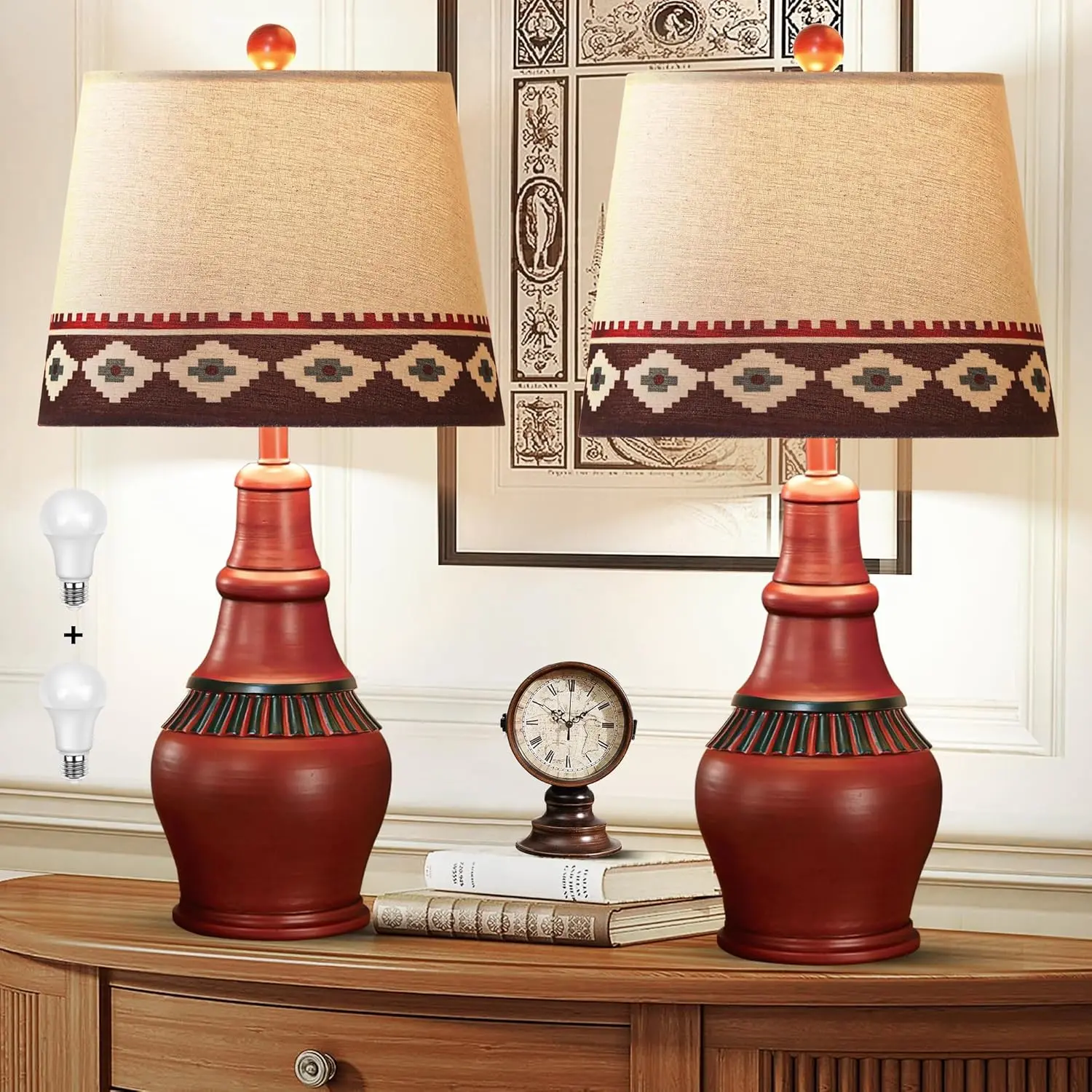 Set of 2 Western Rustic Table Lamps for Living Room 3-Color Temperature Dimmable Southwest Farmhouse Bedside Lamps for Bedroom,Cottage Native American Nightstand Lamps with 2 Bulbs Included