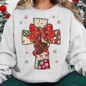 Patchwork Christmas Cross Unisex Sweatshirt, Christian Christmas Coquette, Nativity Scene, Religious Christmas Bow, Bible Verse, Womenswear Menswear