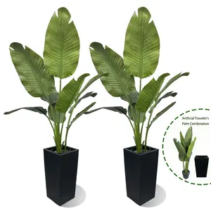 5ft Artificial Traveler's Palm Trees with Black Planter(2 Pack), Realistic Faux Banana Leaf Plants, Fake Tropical Greenery for Indoor Outdoor Home Decor wedding flowers gardening gifts, living room office