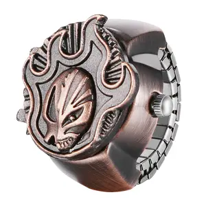 OIDEA Unisex Vintage Watch Style Stretch Band Ring - Analog Numeral Dial, Openable Flaming Skull Top, Gothic Biker Men's Motorcycle Accessory, Halloween Novelty Costume Piece