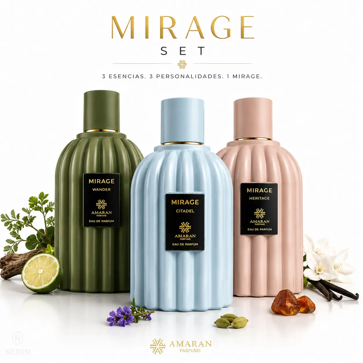 Unisex's Amaran Mirage Luxury Eau De Parfum Bundle Set - 3 x 100ml Bottles (Wander, Citadel, Heritage) - Long-Lasting Fragrance Collection