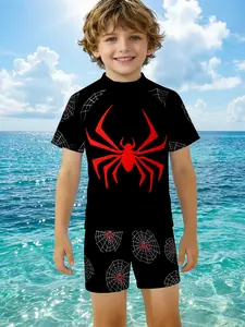 Boys' 3D Spider Print Swimsuit Set, Superhero Theme Short Sleeve Shorts Two-Piece, Fashion Outdoor Sports, Birthday Gift, Holiday Gift