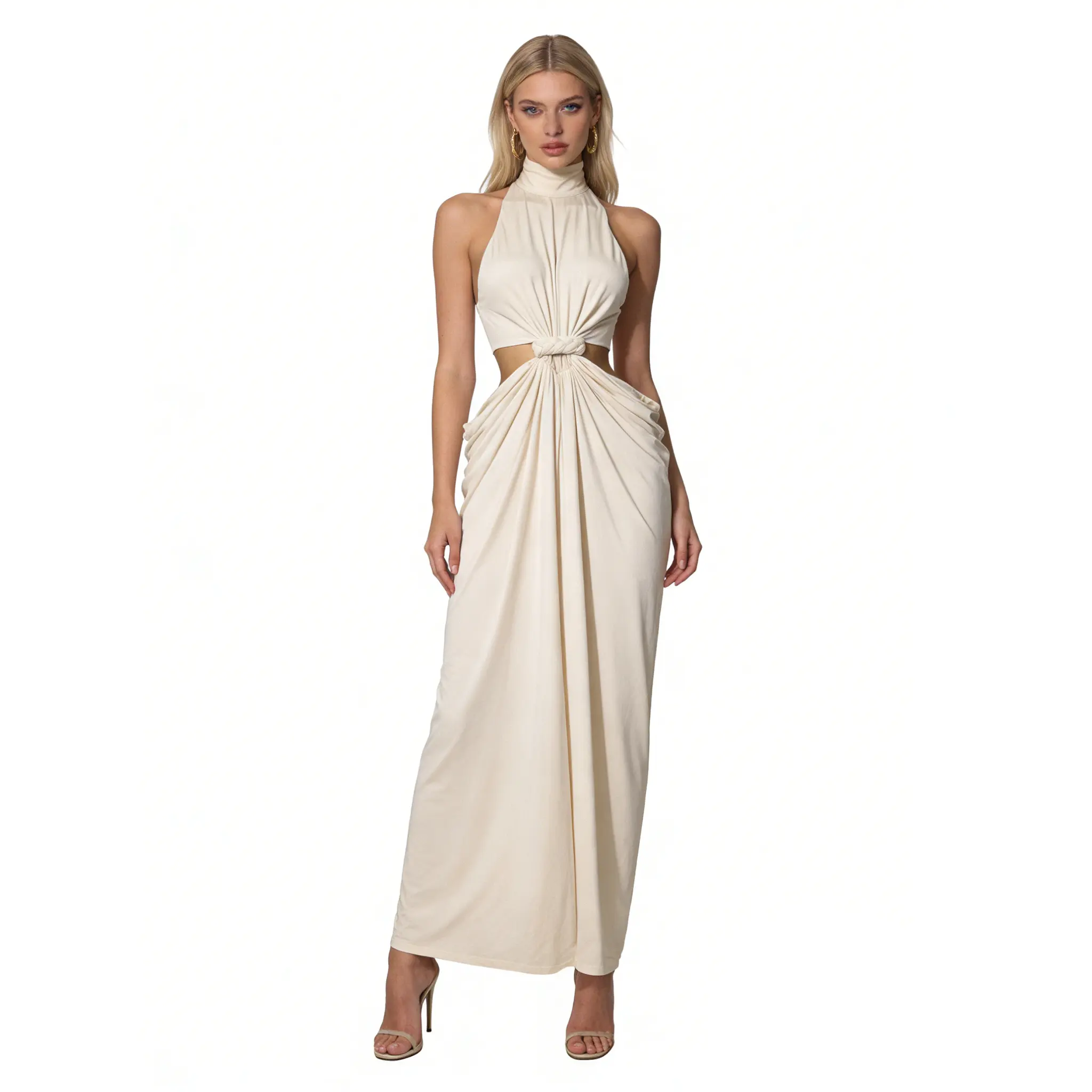 Women's Beige Metallic Elegant Scarf-Compatible Bandage Floor-Length Maxi Dress - Sleeveless, Knot Front, Side Cutouts, Halter High Neck, Ruched Bodycon, Draped Sculpting Fit, Minimalist Fabric Formal Wear for Cocktail, Evening Events, Sizes XS-L, Halter