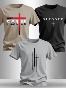 Men's 3-Pack Cross Print Round Neck T-Shirts, Inspirational Religious Graphic Tees, Casual Christian Streetwear for Daily Wear#FaithCrossTee #ReligiousGraphicTee #3PackMensTShirts #ChristianStreetwear #TikTokFashion #BlessedPrintTop