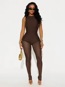 Women's Sexy Patchwork Mesh Jumpsuit, Slim Fitted Long Sleeveless One-Piece, Plain Color, Fashionable and Comfortable Womenswear, Skinny Jumpsuit